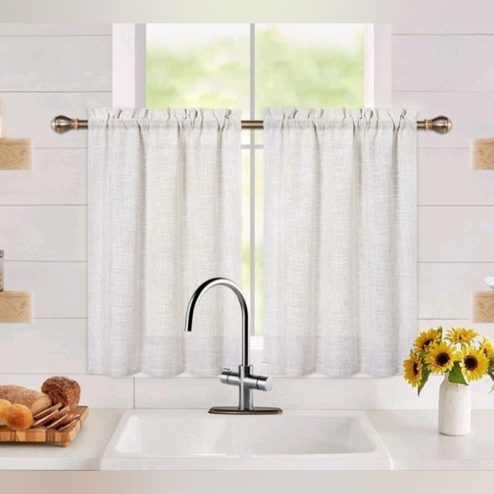 New with tags! Pair of sandy beige linen window curtain tiers 36"